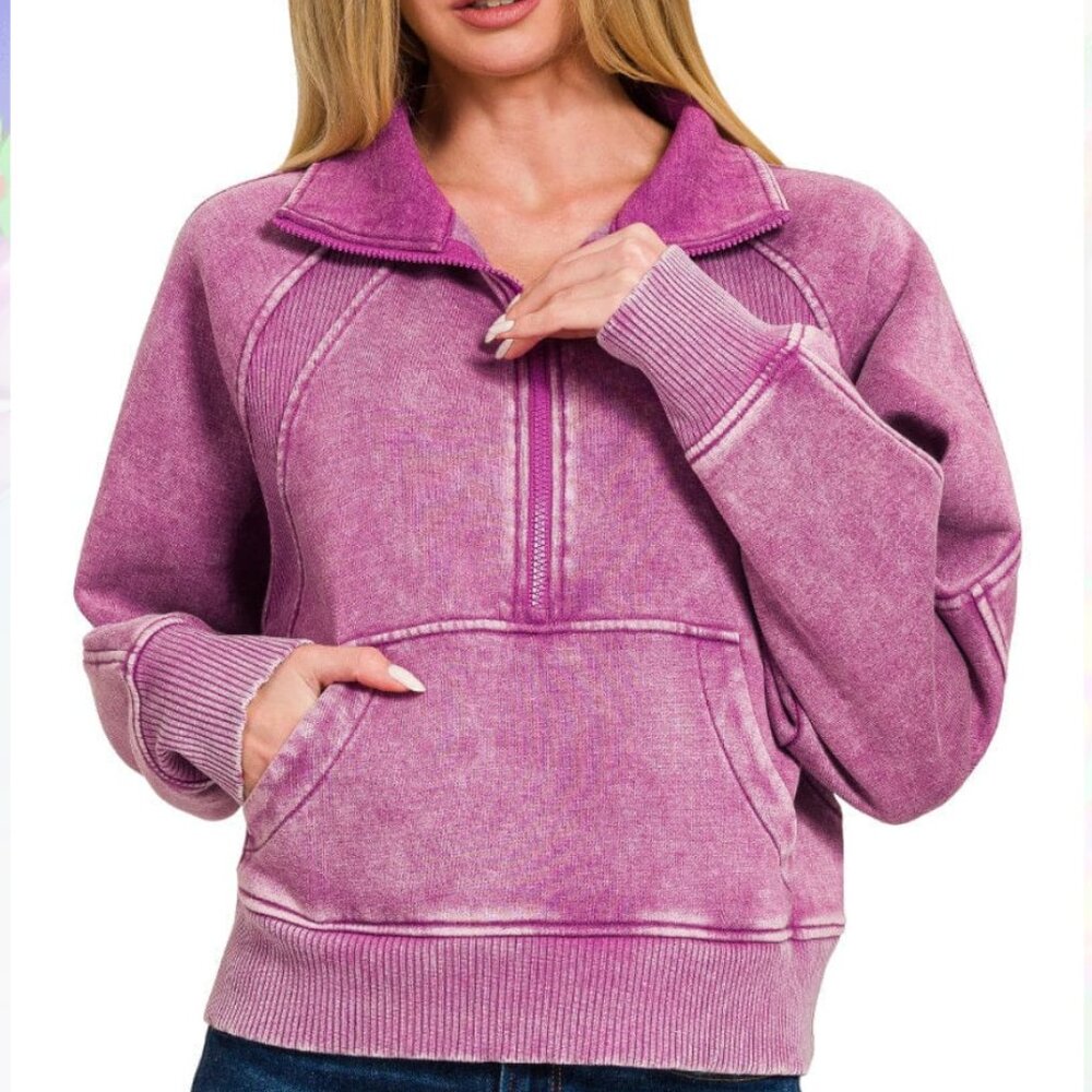 Zenana Outfitters Acid Wash Plum Half-Zip Fleece Pullover Size Large NWOT - Picture 3 of 8